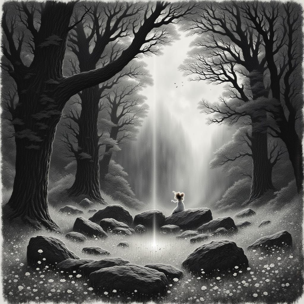 Enchanted Glade Pencil Sketch with Sacred Stones and Moonlig...