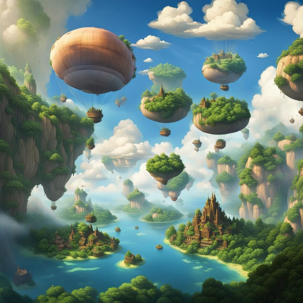 Floating Islands and Blimps in a Fantasy Sky