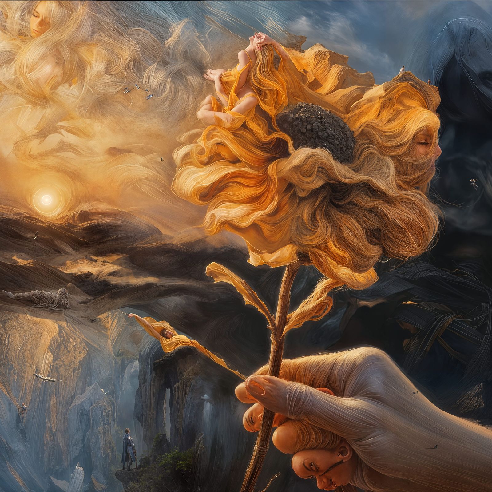 Sorrowful Oil Painting of Person with Withered Flower