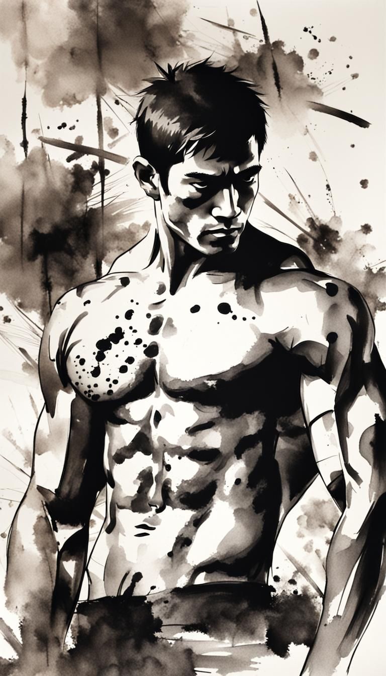 Attractive Man in Japanese Ink Painting Portrait