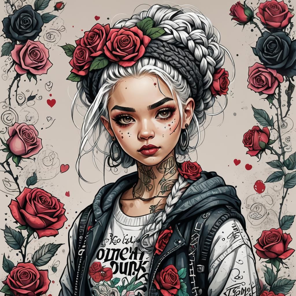 Punk Girl Portrait with Tattoo Sketch Lettering