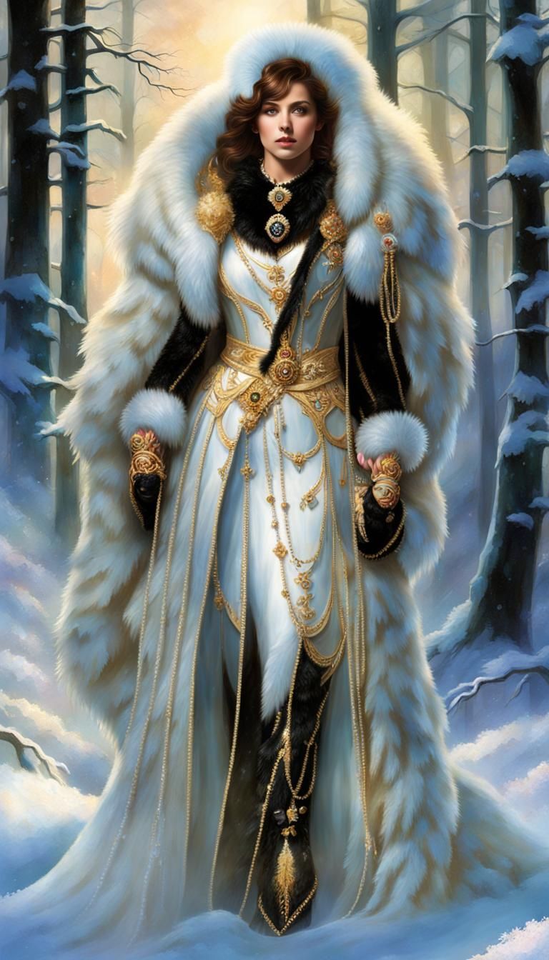 Ethereal Woman with Bear Symbol in Misty Forest