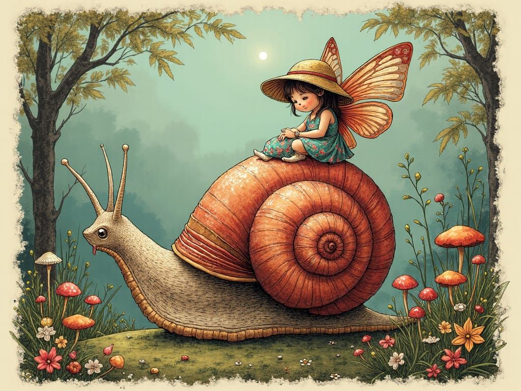Whimsical Fairy Queen on a Snail in a Dappled Garden