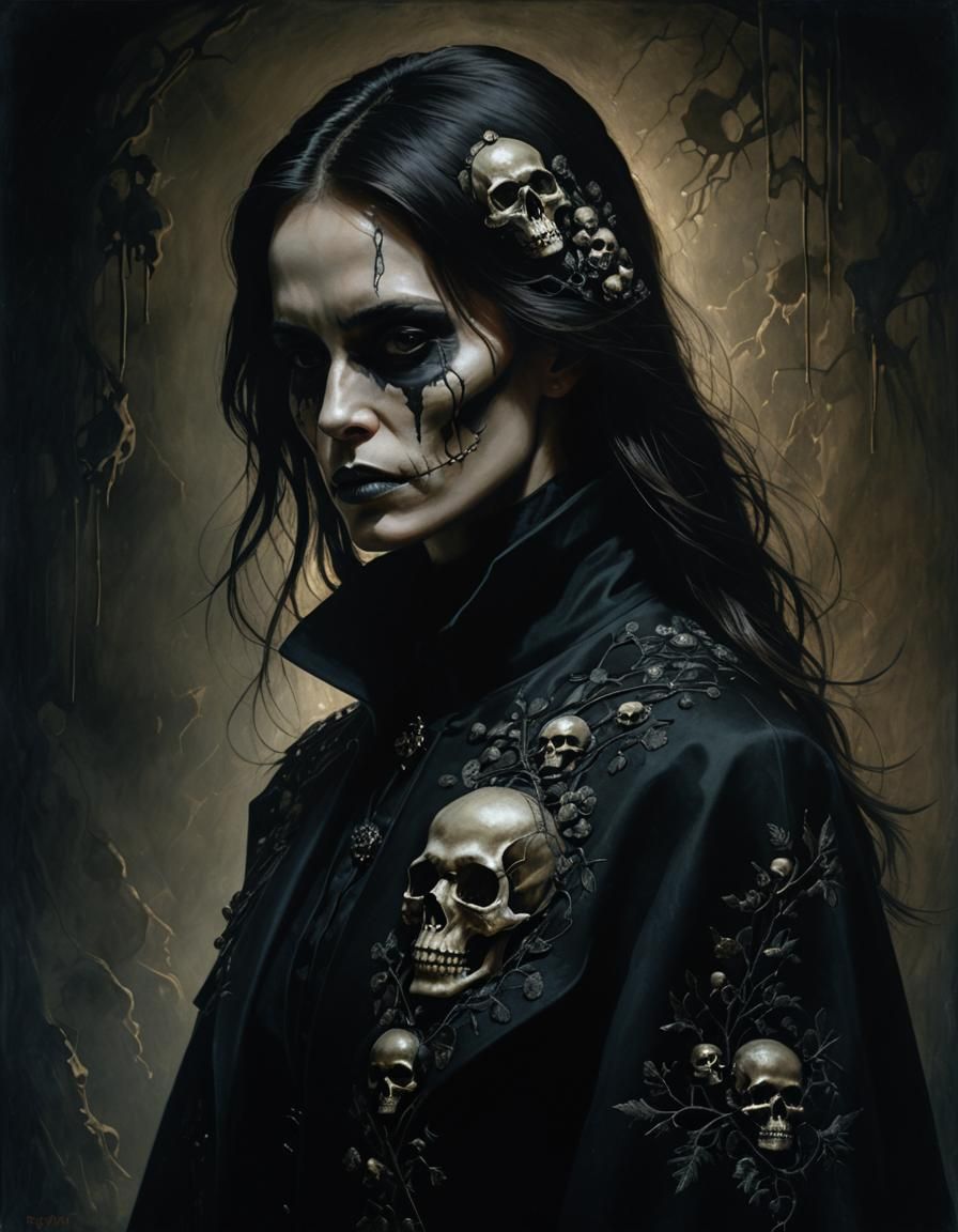 Dark Fantasy Woman in Skull Embroidered Coat