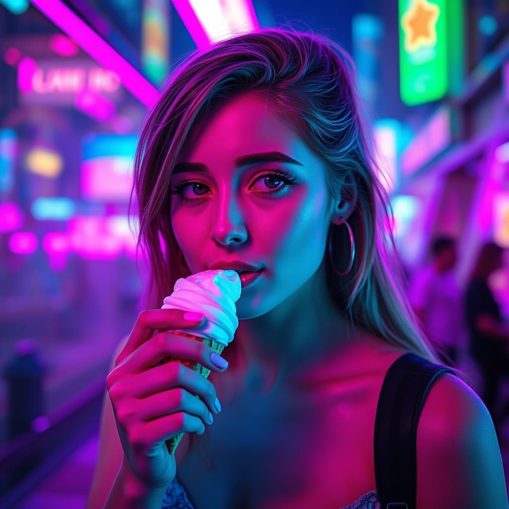 Futuristic Portrait: Woman with Ice Cream in Neon City