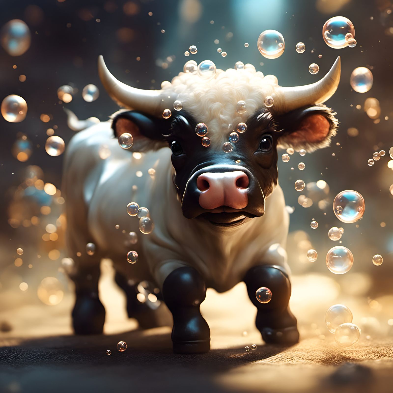 Chibi Bull Surrounded by Bubbles, Detailed Digital Art