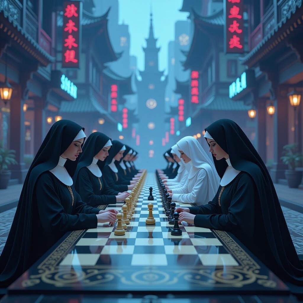 Chess Game: Nuns vs Streetwalkers in a Futuristic Cityscape