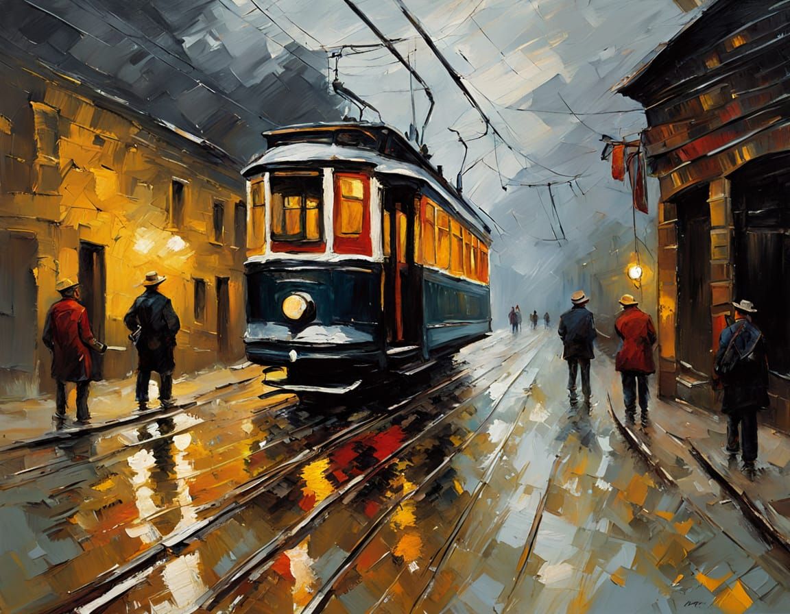 Van Gogh Style Oil Painting of Old Tram in Shantytown