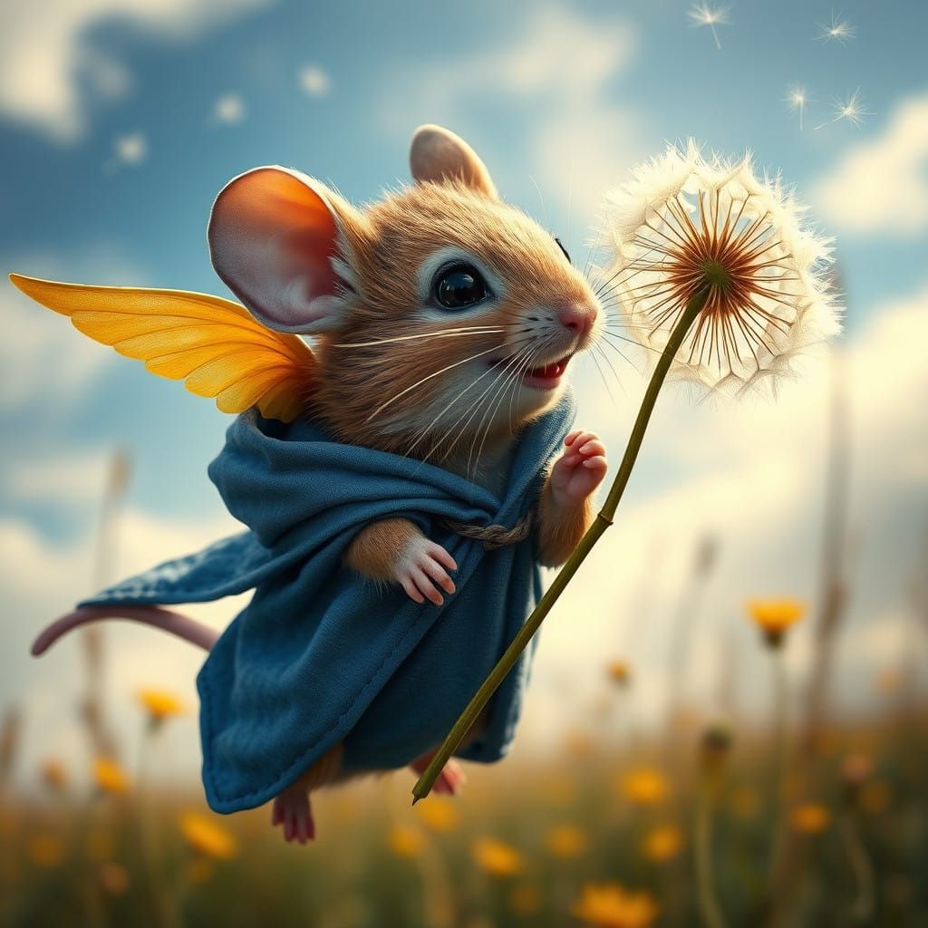 Dramatic Mouse Escapes with Dandelion in a Whimsical Flight