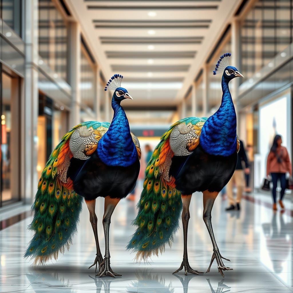 Luxurious Female Peacocks Strolling in a Futuristic Mall