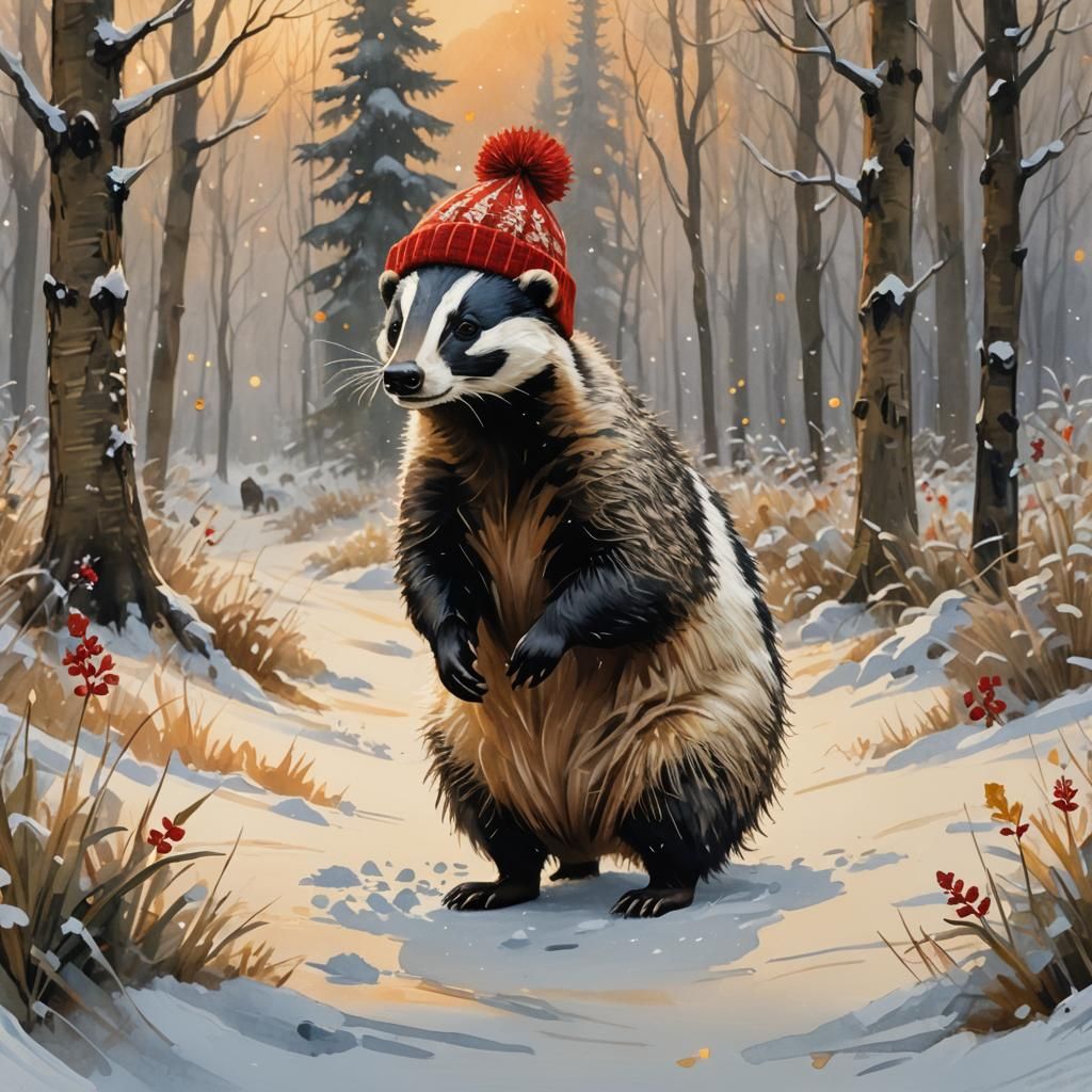 Badger wearing a woolly hat