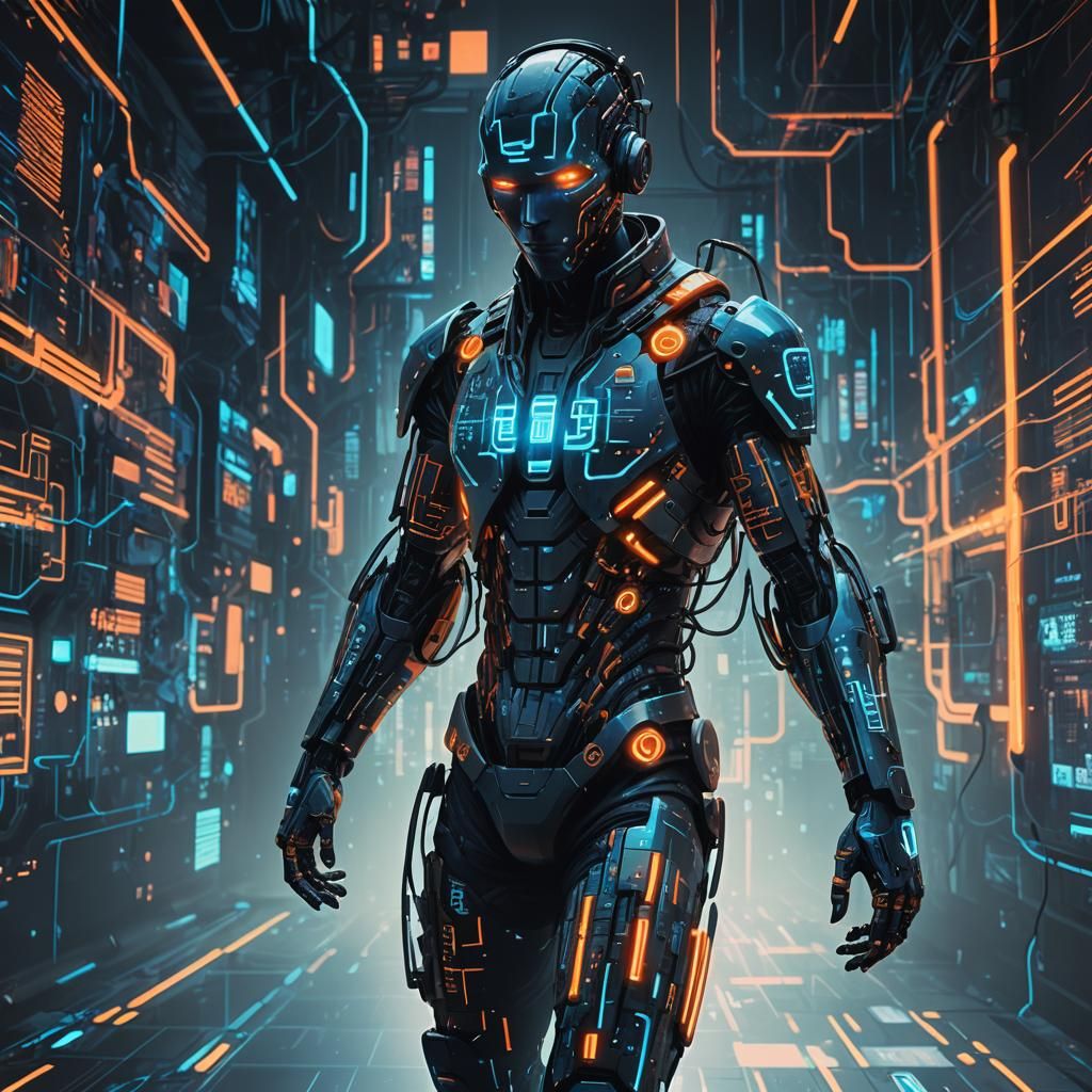 Cyberpunk AI Humanoid in Digital Landscape