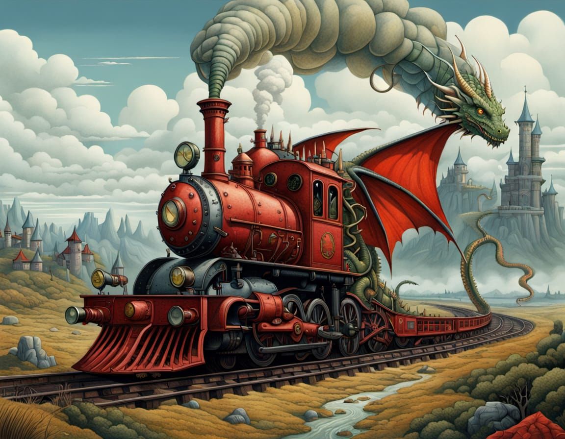 Surreal Dragon-Locomotive Hybrid in Clockpunk Style
