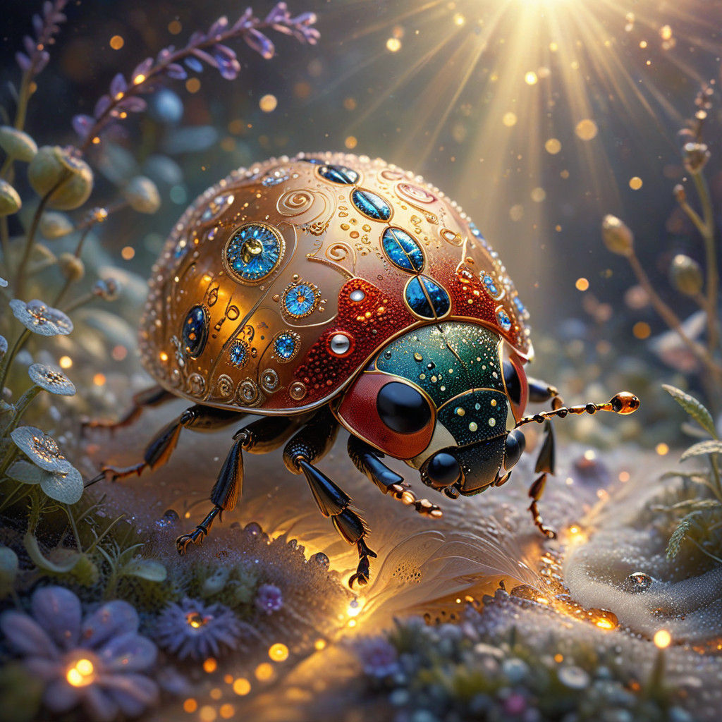 Dreamy Ladybug in Golden Bejeweled Zentangle, Whimsical Fant...