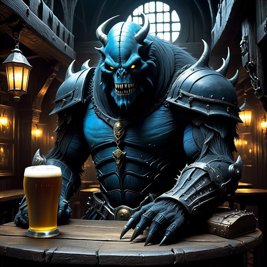 Medieval Fantasy Creature in a Dark, Rustic Pub