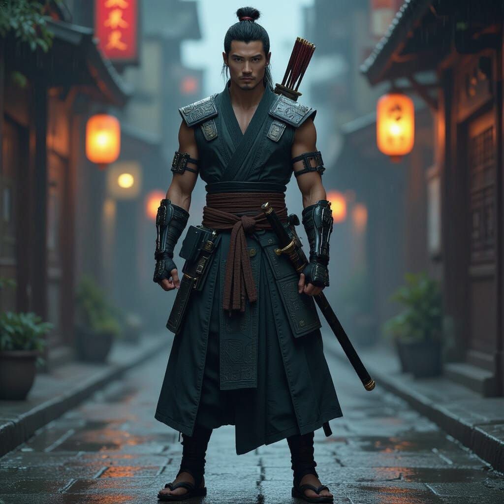 Vietnamese Martial Artist in Cyberpunk City Alley