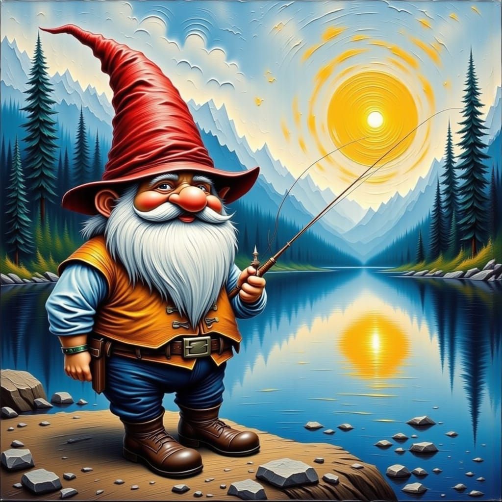 Whimsical Gnome Fishing: Impasto Painting