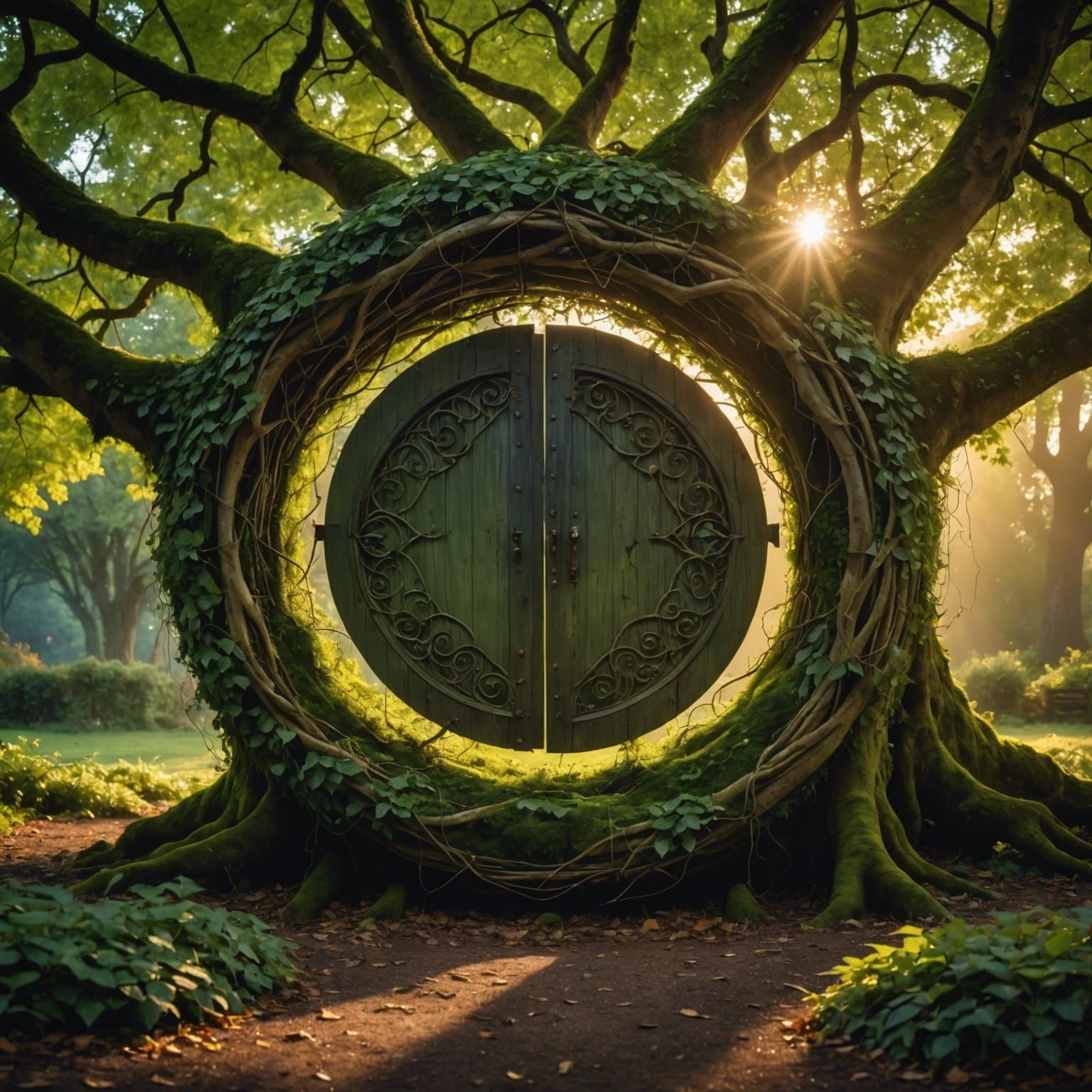 Magical Glowing Portal in Ancient Sycamore Tree