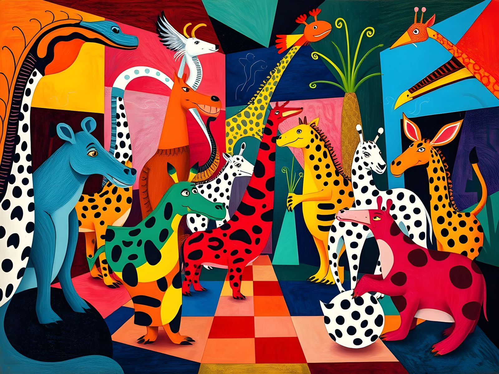 Cubist Animal Zoo Scene in Style of Braque and Gris