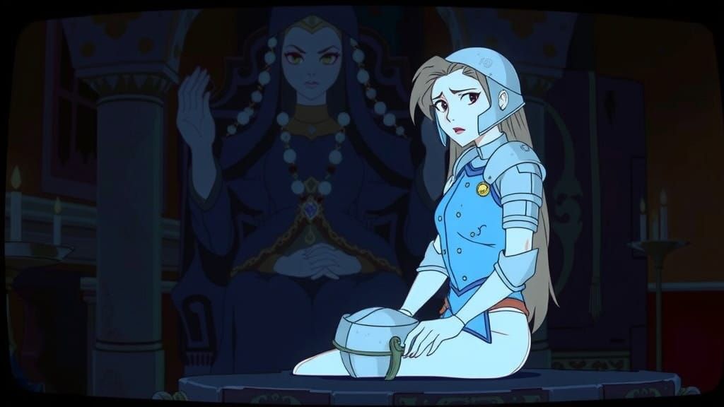 Lady Knight Confronts Sorceress in Retro-Style Cartoon