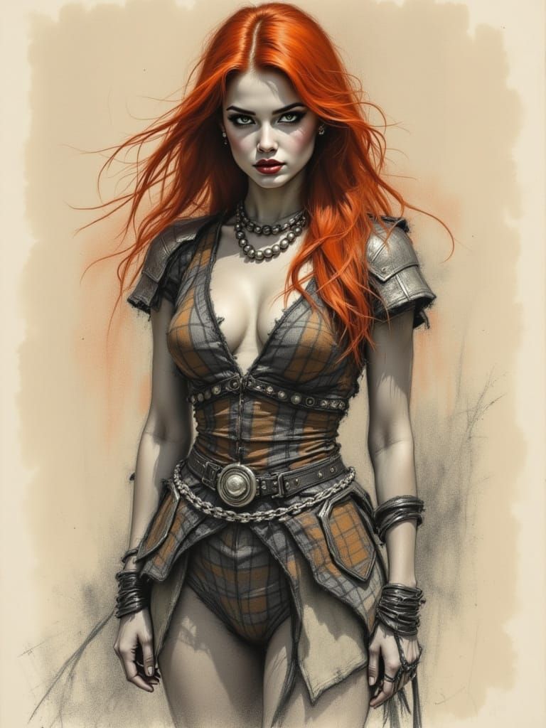 Serene Warrior in Tribal Armor with Crimson Hair