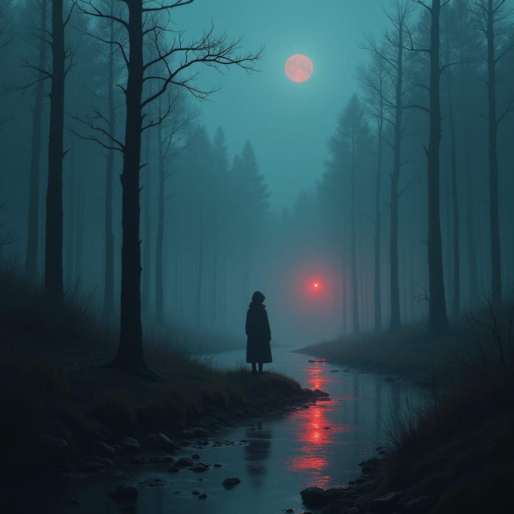 Ominous Figure in Eerie Landscape, Surreal Style