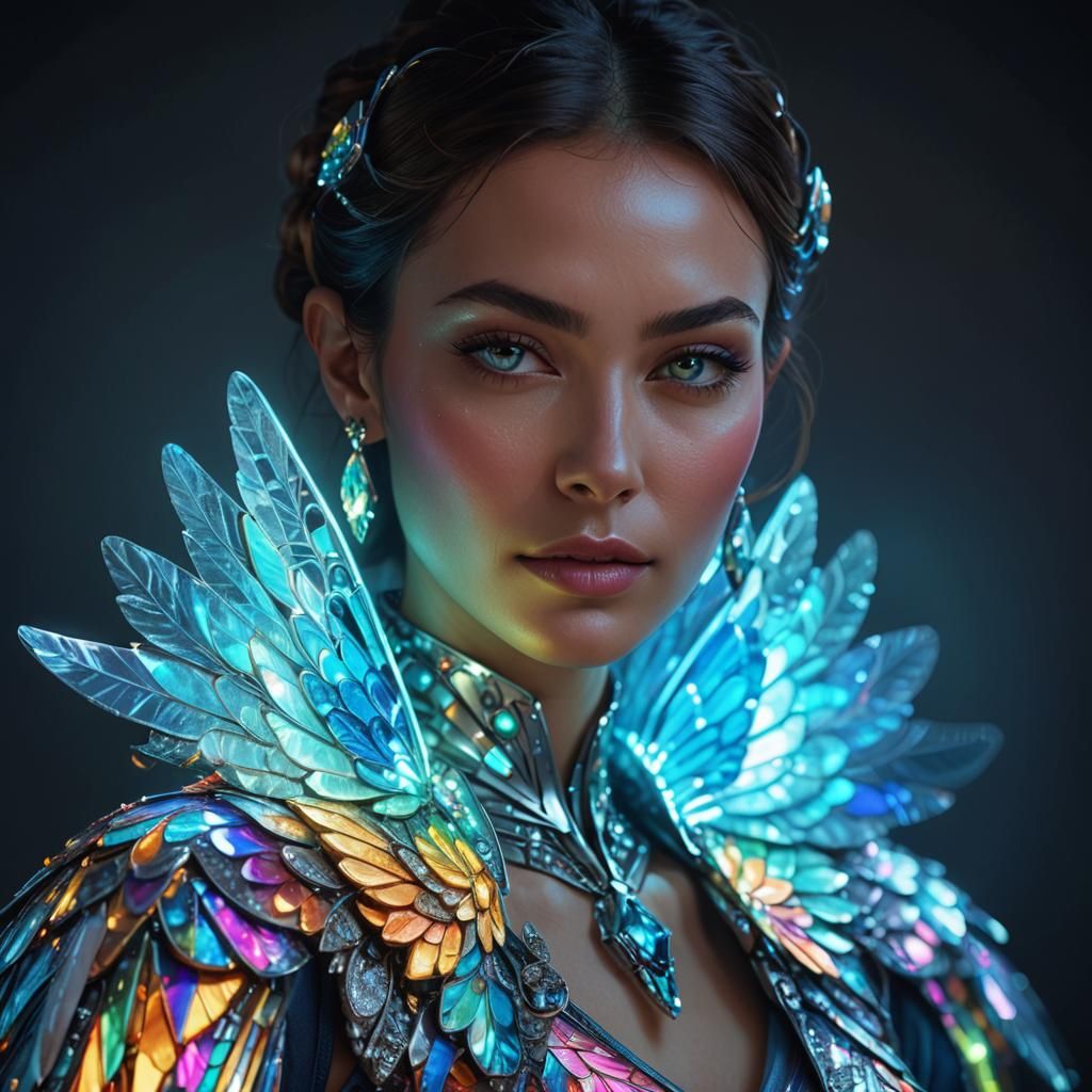 Beautiful Woman with Luminous Wings in Hyperrealistic Portra...