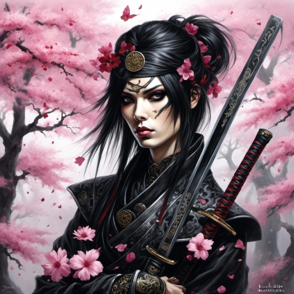 Emo Goth Samurai Sakura Digital Illustration