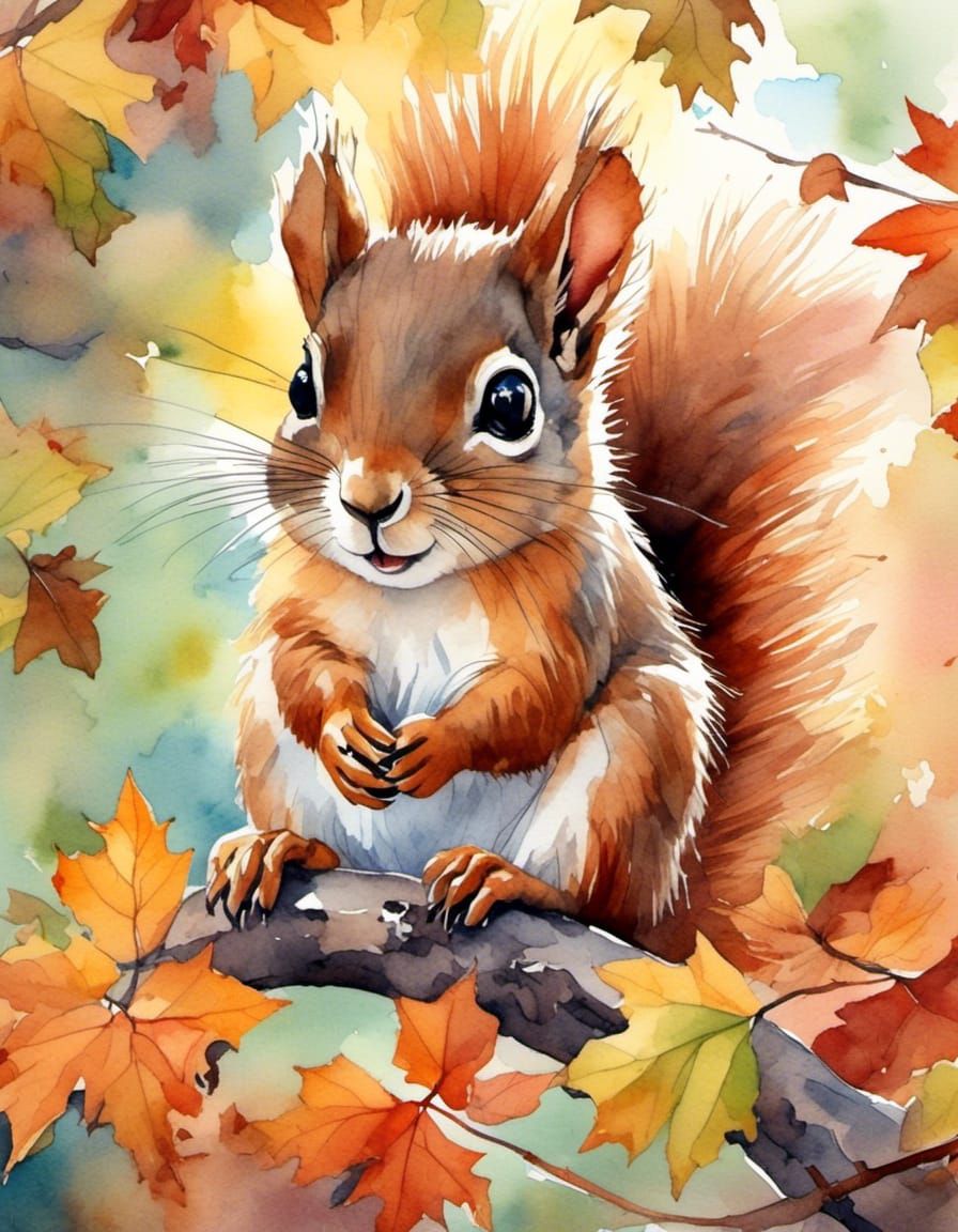 Chibi Squirrel in Autumn Watercolor Landscape