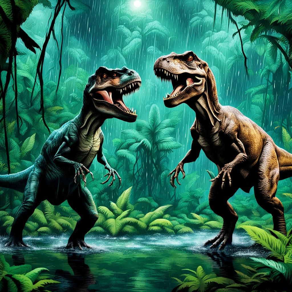 Two T-Rex Dinosaurs Fighting in Rainforest
