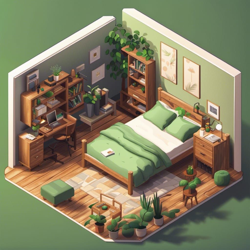 Cozy isometric bedroom illustration, 8k resolution concept art, intricately detailed, hyperrealism, cozy, comfortable, g...