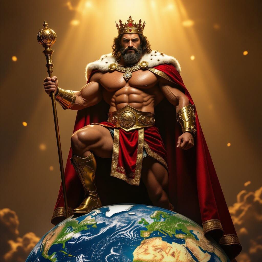 Muscular King Dominates World Globe in Epic Photorealistic S...