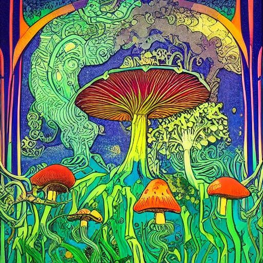 Whimsical Microbes in Enchanting Bioluminescent Forest