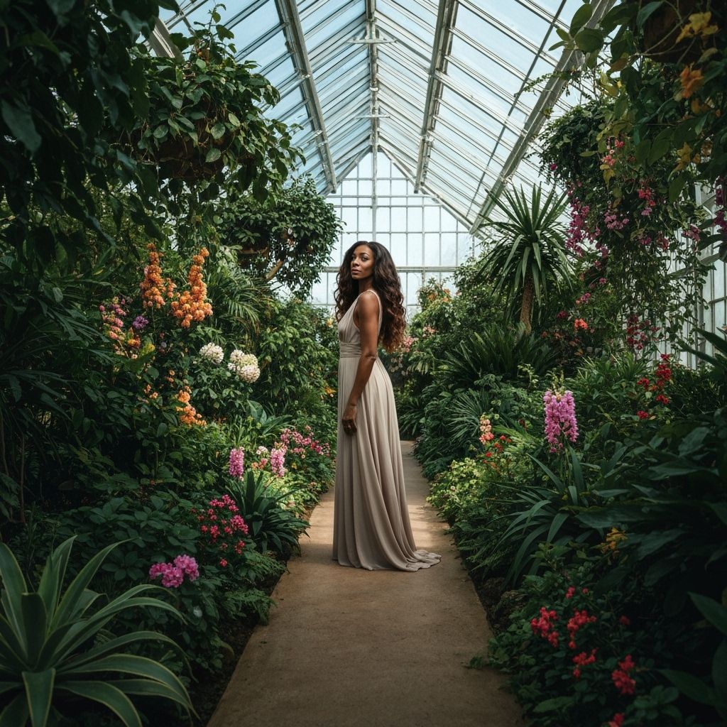 Elegant Woman in Botanical Garden: Realistic Photo