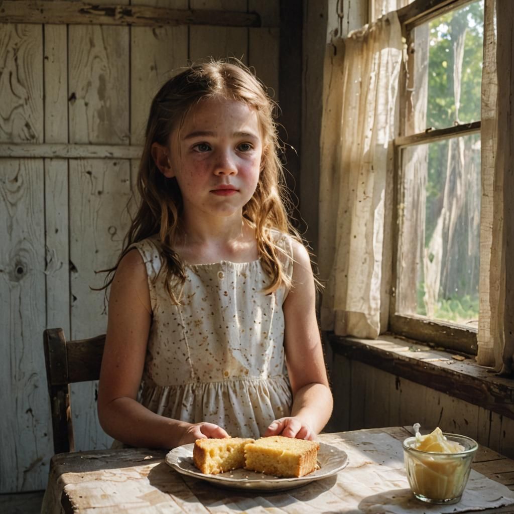 Southern Gothic Girl with Cornbread in Golden Light