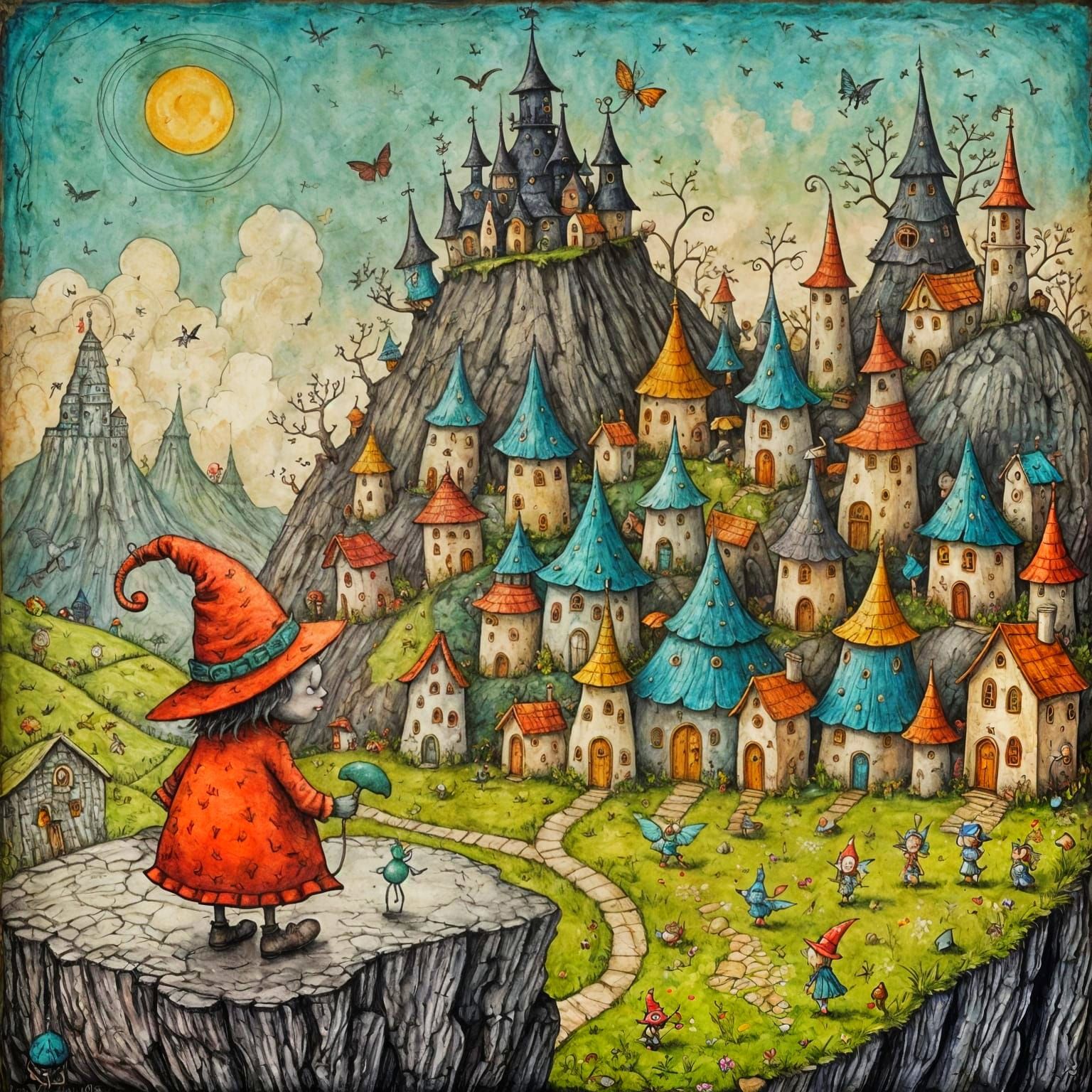 Cute Demon with Fairy Village: Whimsical Illustration