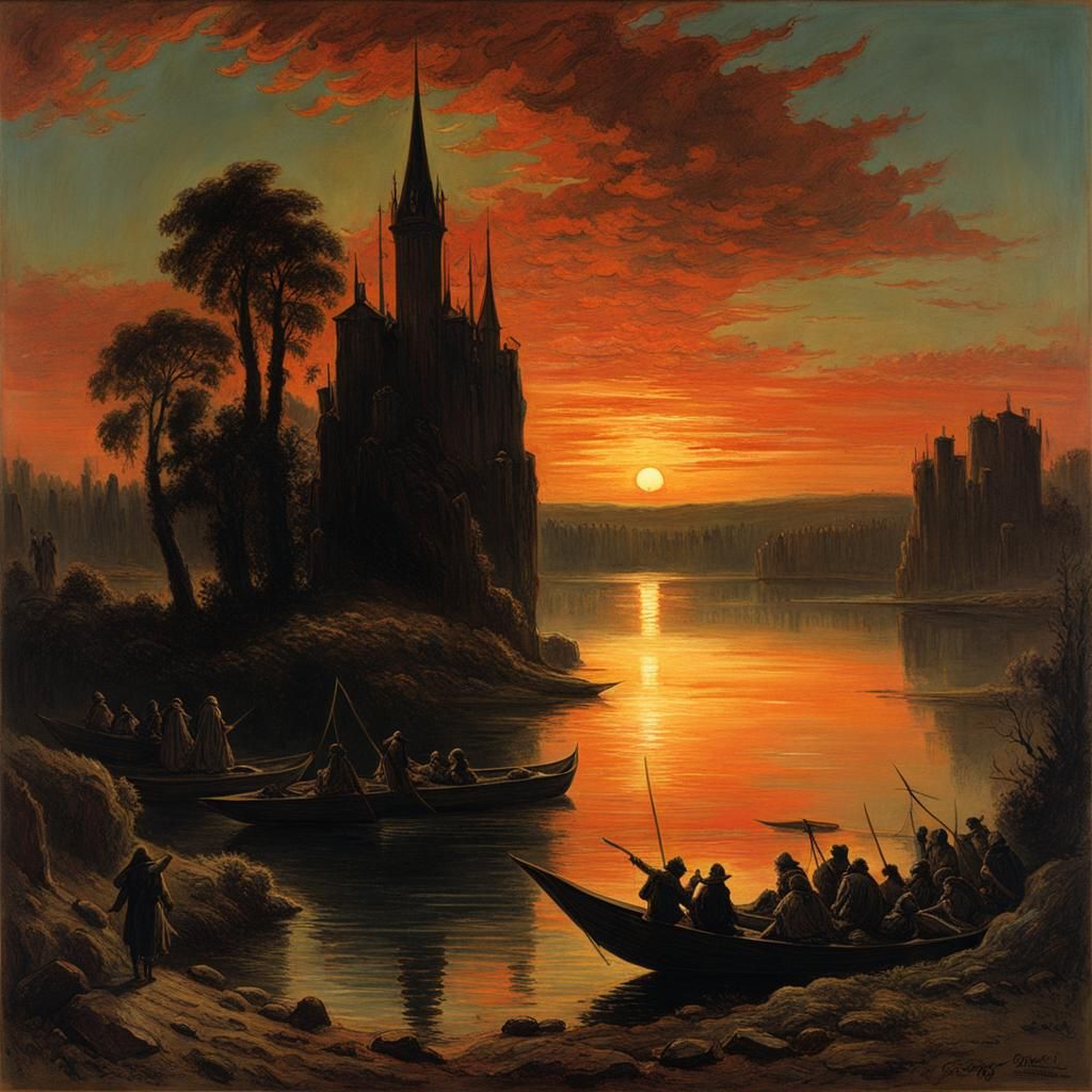 Horror Castle at Sunset in Doré Style