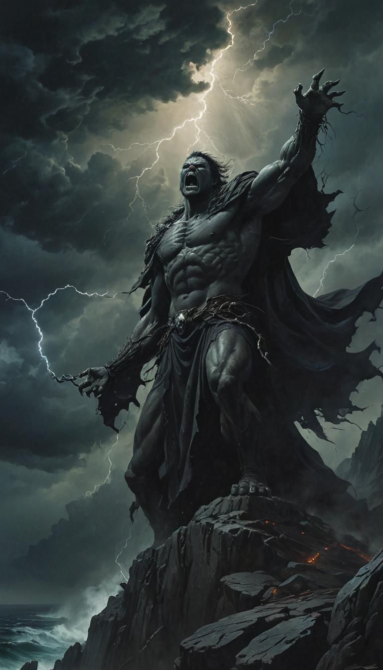 Monstrous Figure Screaming on Jagged Cliff in Dark Fantasy A...