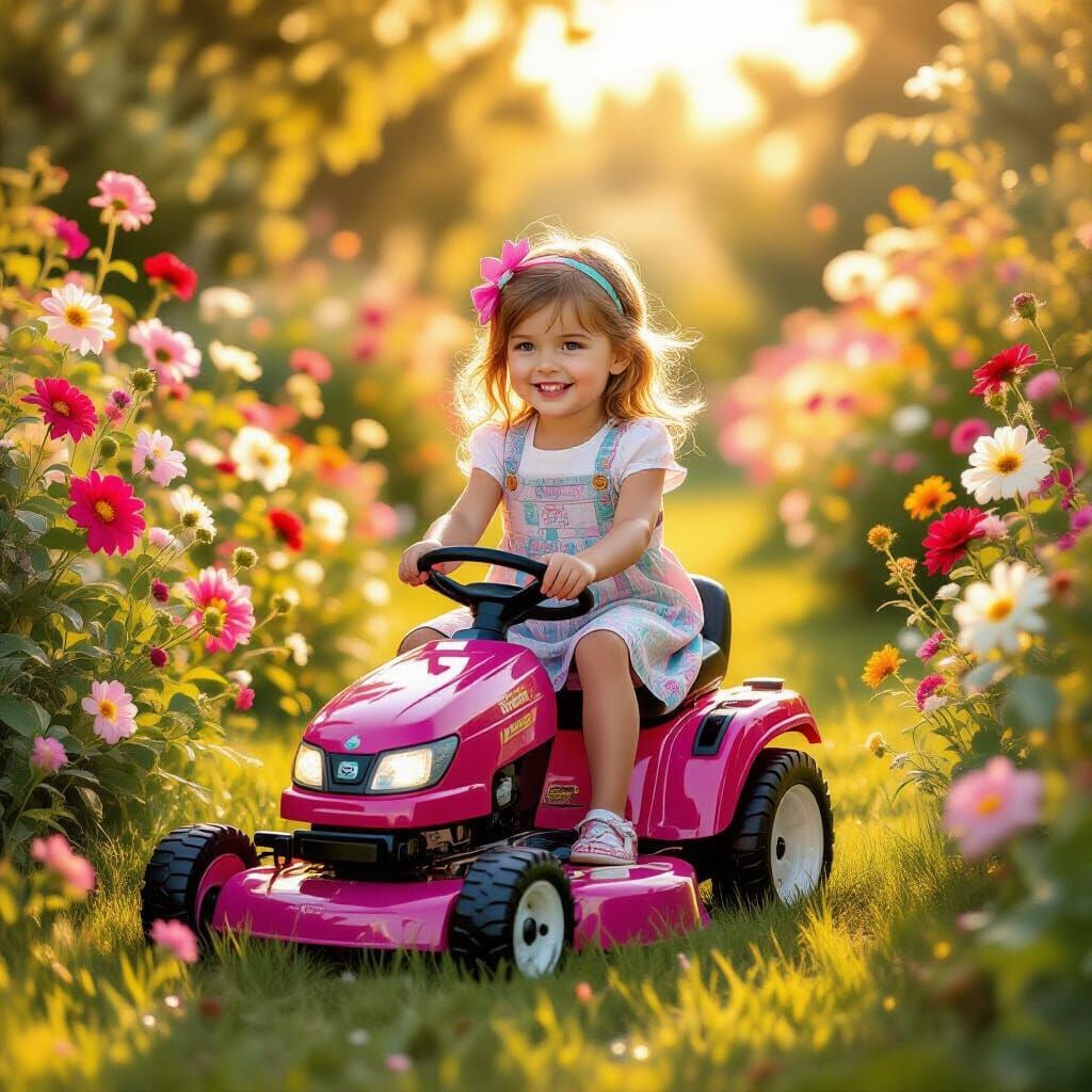 Magical Garden Scene: Girl with Bejeweled Lawn Mower