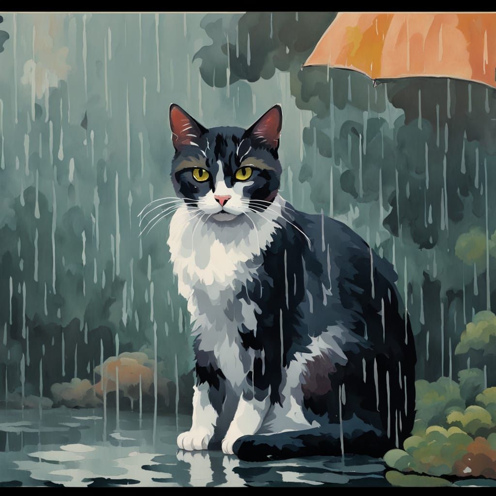 Cat in the Rain Impressionist Painting