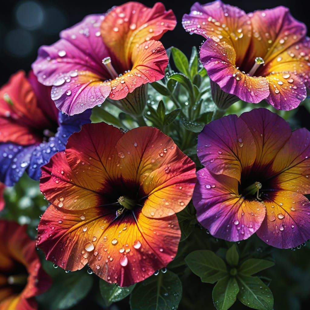 Multicolor Petunias Glistening with Dew: Macro Photography