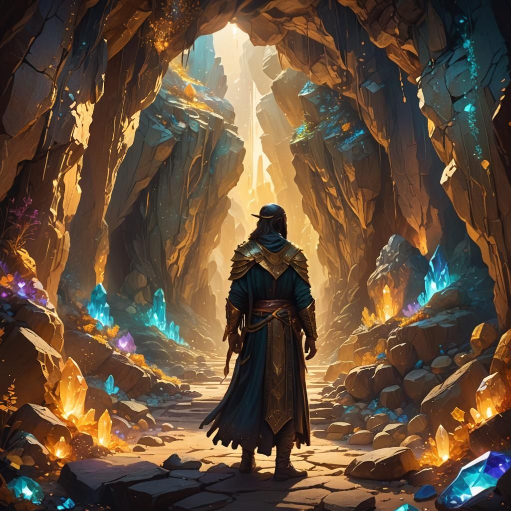 Mysterious Figure in a Glittering Treasure Cave