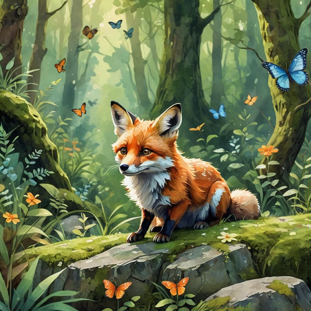 Curious Fox in Forest: Whimsical Digital Art