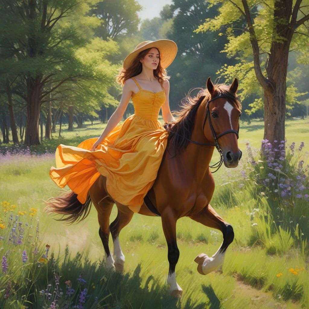 Ginger Horse and Rider in Impressionist Countryside