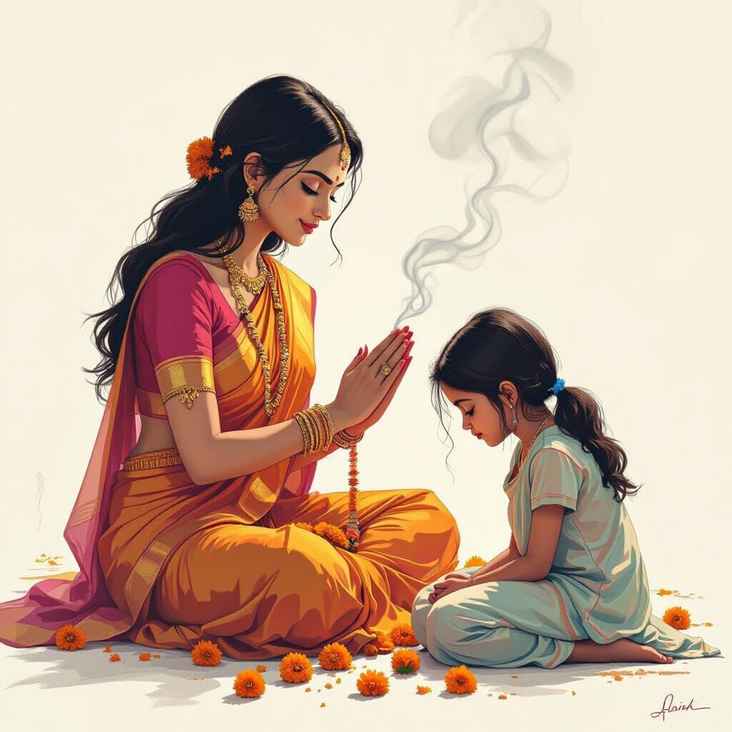 Serene Guru Blesses Child: Indian Sketch Art