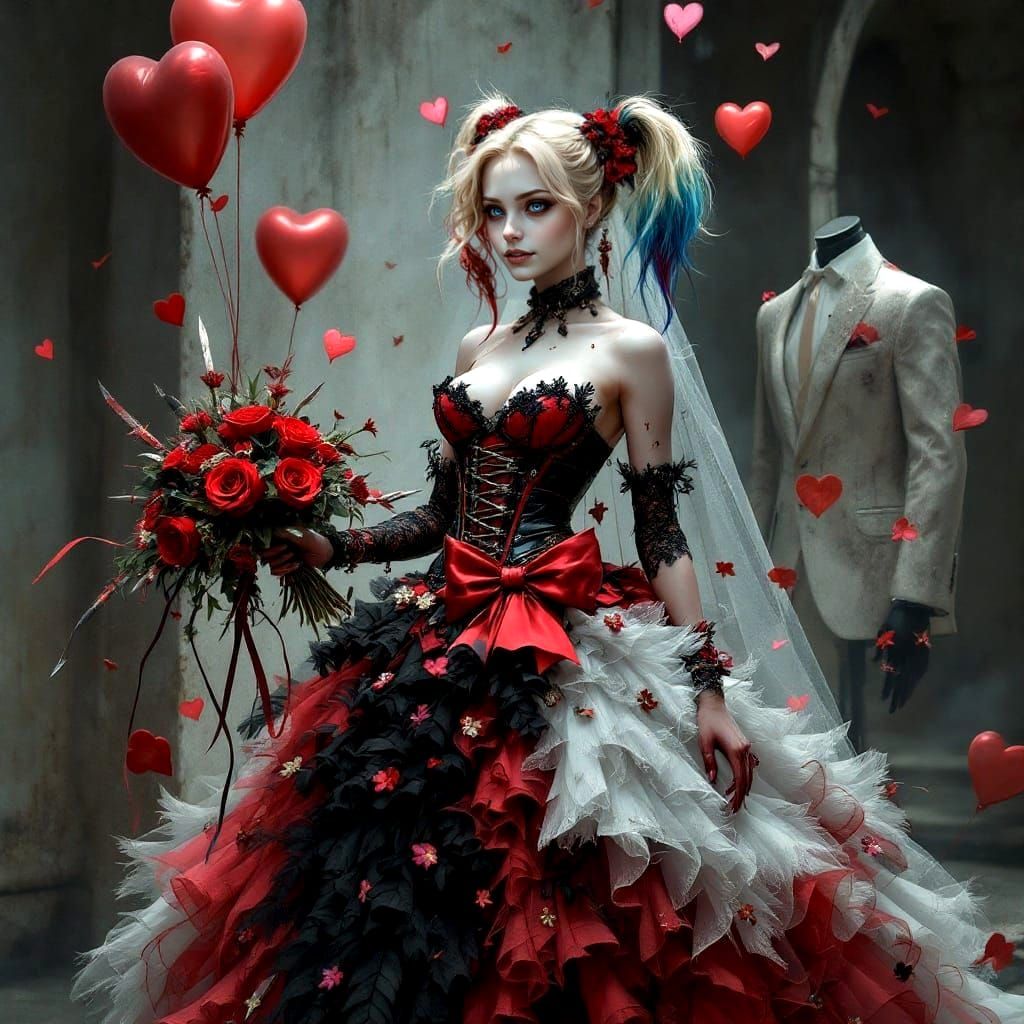 Harley Quinn as a Gothic Bride in a Bande Dessinée Style