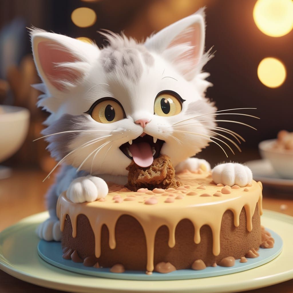 Kitten Enjoys Cake: Ghibli-Inspired Anime Art