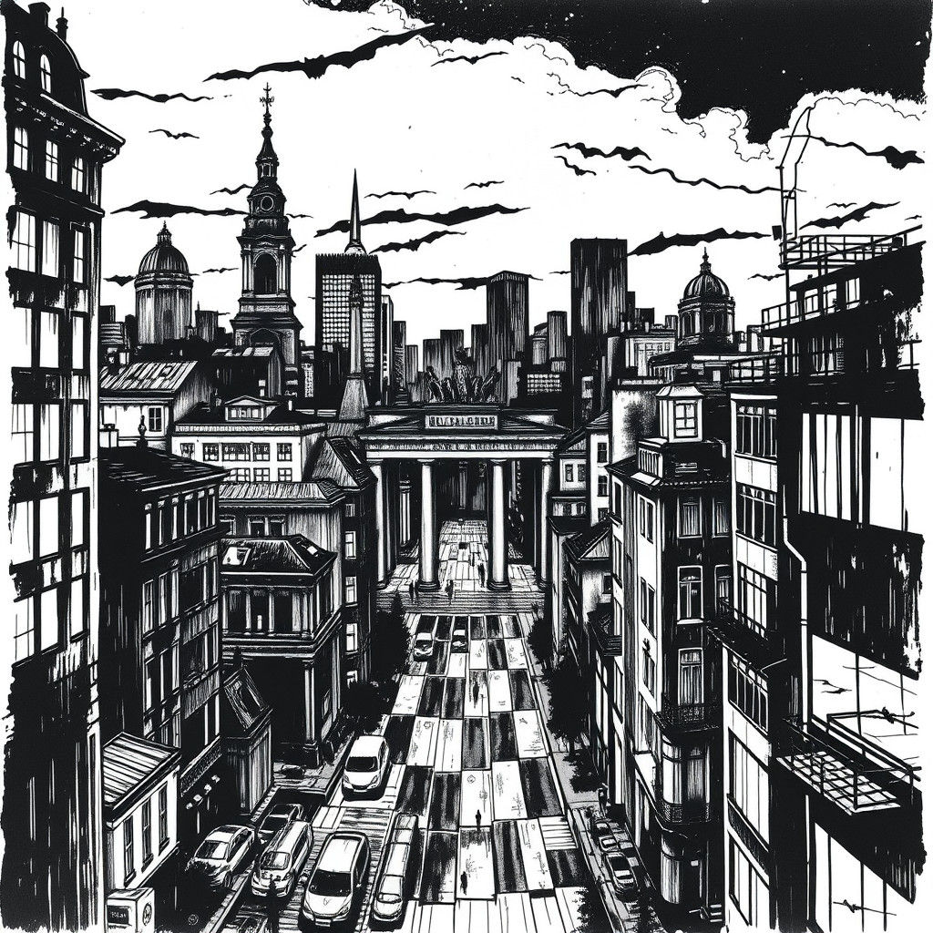 Eerie Berlin Cityscape in Surreal Doodle Art Style