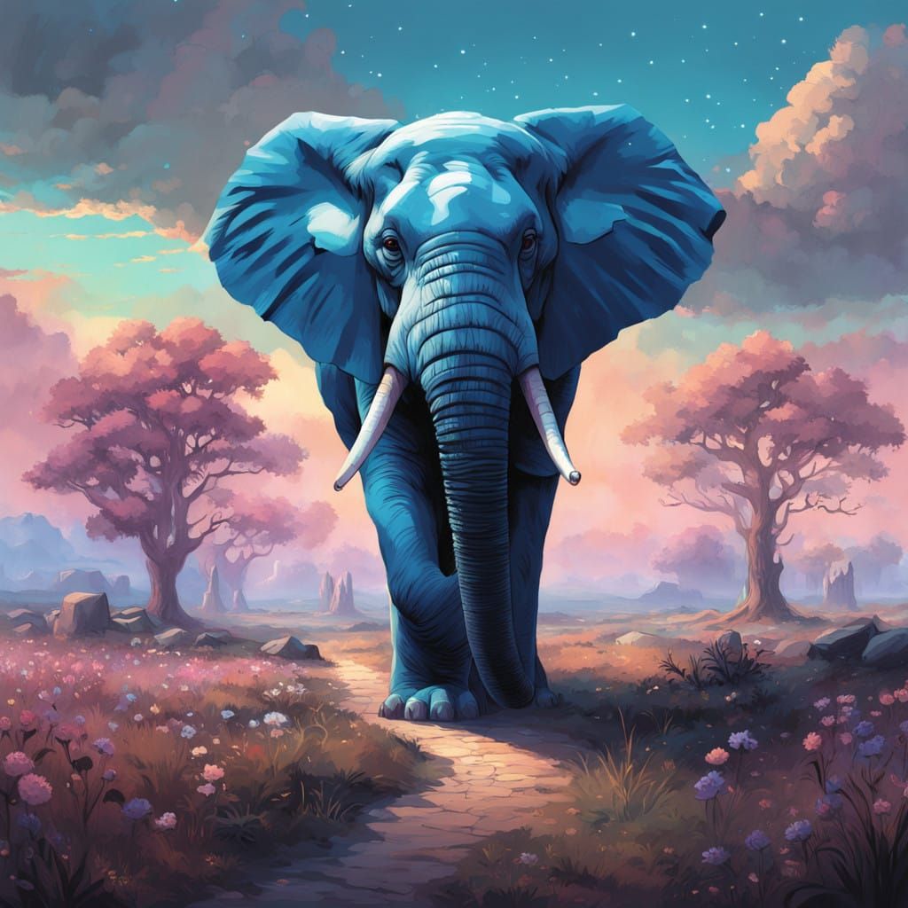 Majestic Blue Elephant in Dreamlike Serengeti Landscape