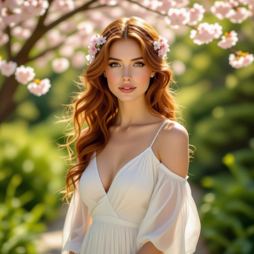 Woman in Blossom Garden with Impressionistic Style